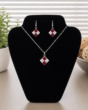 Ruby Red Crystal Necklace & Earrings Set, Silver Tone Geometric Jewelry